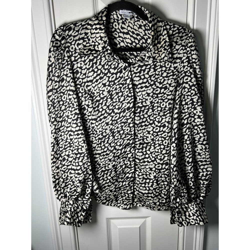 Fashion Nova Womens Animal Print Puff Sleeve Button Down Blouse Black White M